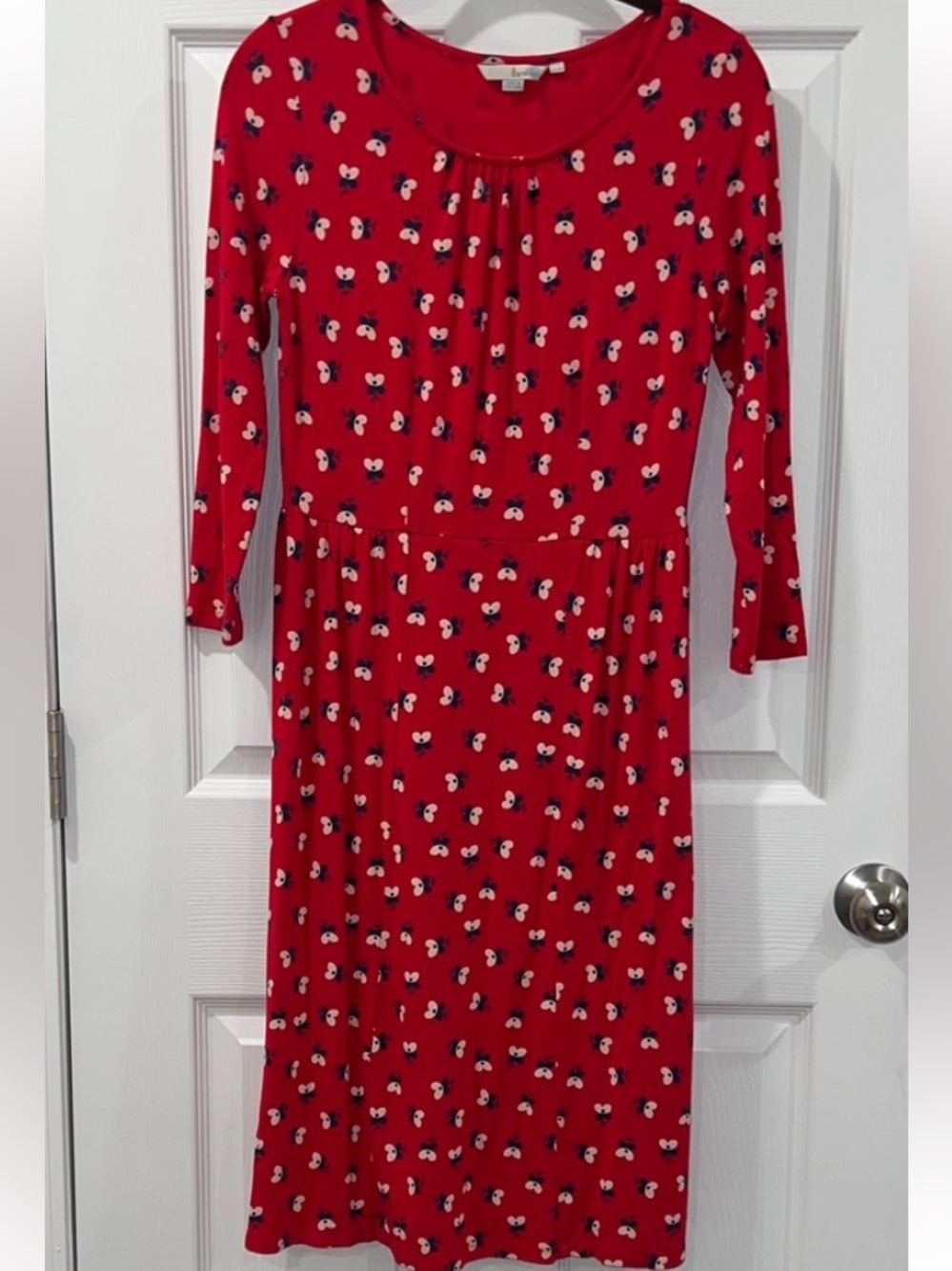 Boden Red Midi Dress with White & Black Floral Print